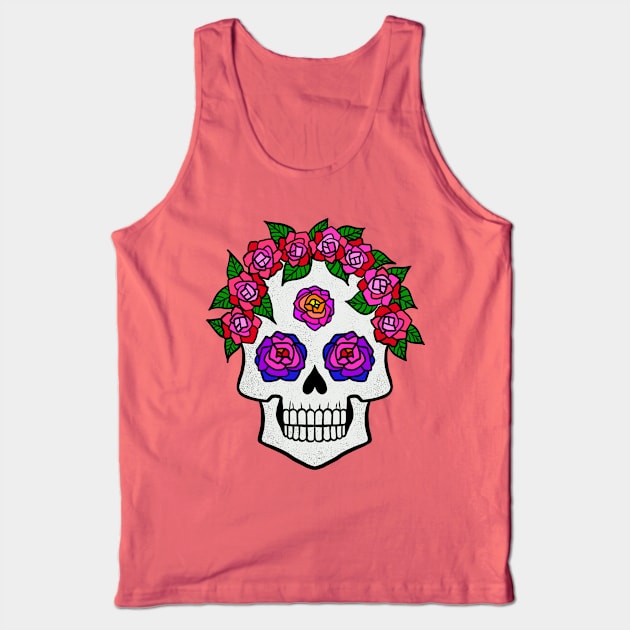 Halloween Skull with Rainbow Roses Tank Top by julieerindesigns